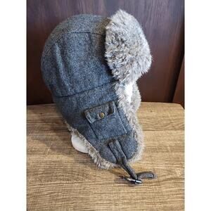 LIDS Wool Trapper Hat Gray Ear Flaps Faux Fur Lined One Size Chin Strap Adult